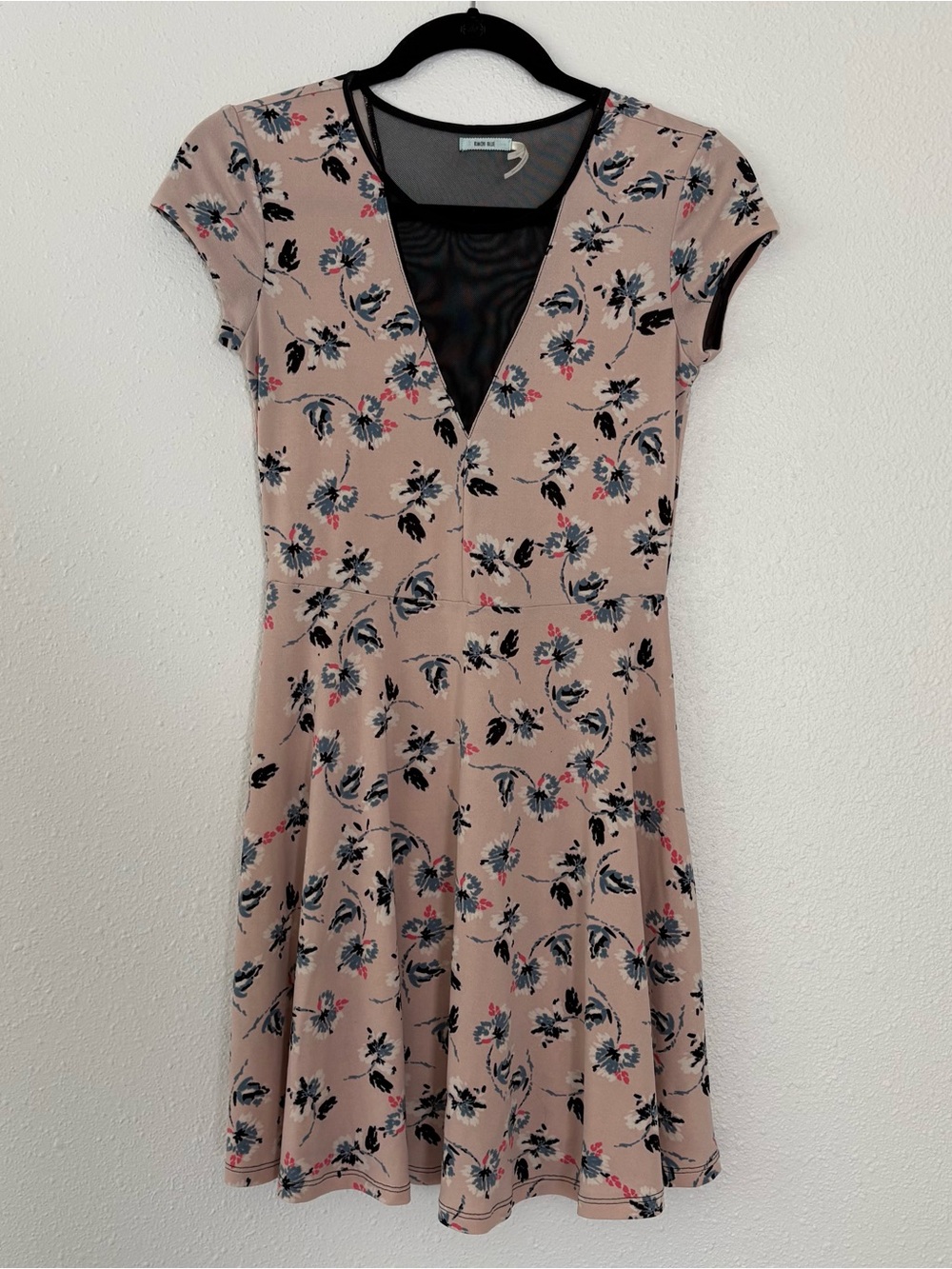 Women's Blush Floral Fit & Flare Dress with Mesh V-Neck